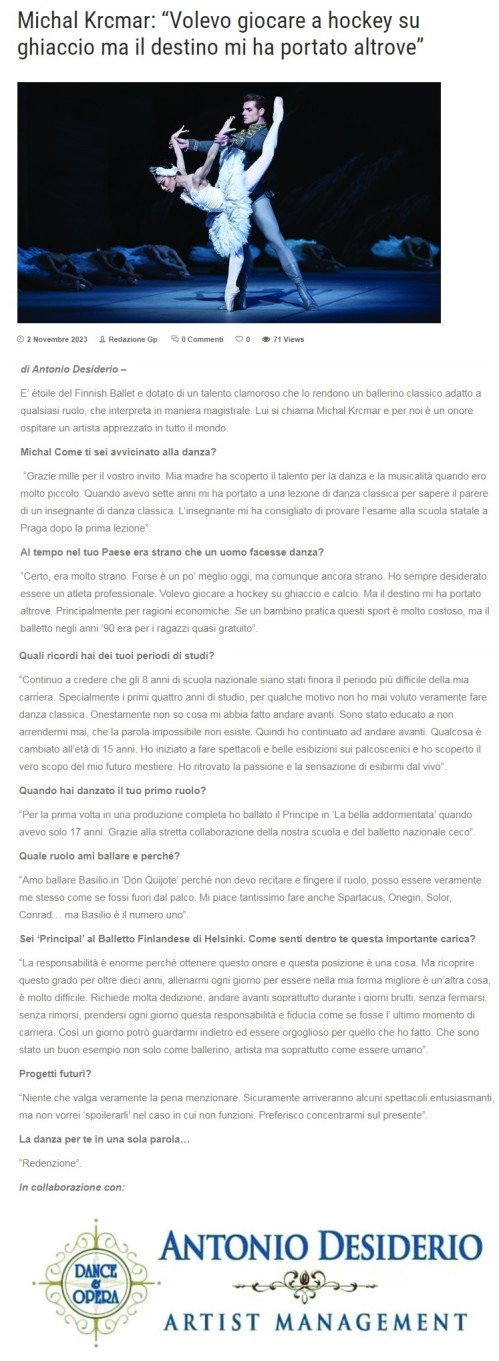 Michal Krcmar hvězda baletu rozhovor pro Italský magazín GP