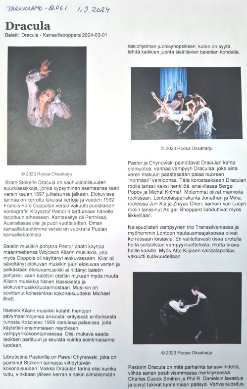 Tarkkaamo blog Dracula ballet review Pastor Michal krcmar Etoile